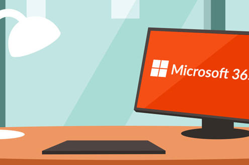 Graphic of desk with computer screen showing Microsoft 365 logo