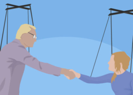 A man and woman shaking hands while connected to puppet strings