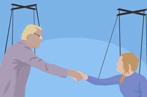 A man and woman shaking hands while connected to puppet strings