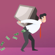 cartoon of man with it equipment on his back and dollars falling out of his pocket