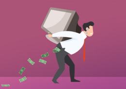 cartoon of man with it equipment on his back and dollars falling out of his pocket