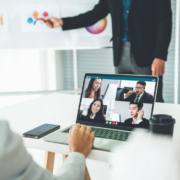 A woman using Microsoft Teams for a video call on her computer.