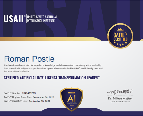 Certified AI Transformation Leader certificate for Roman Postle of Sovran.